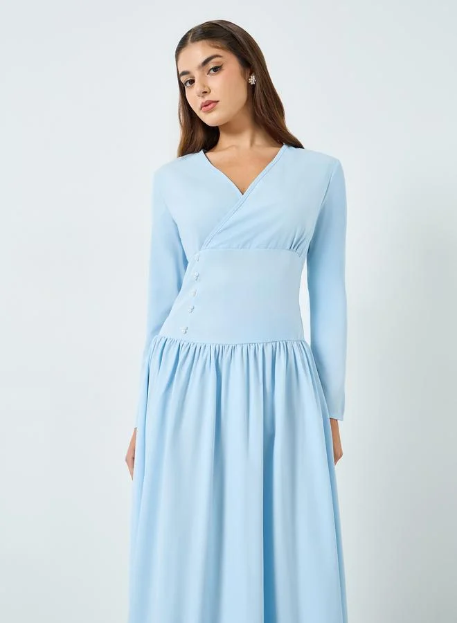 Styli Women Blue V-Neck A-Line Maxi Dress